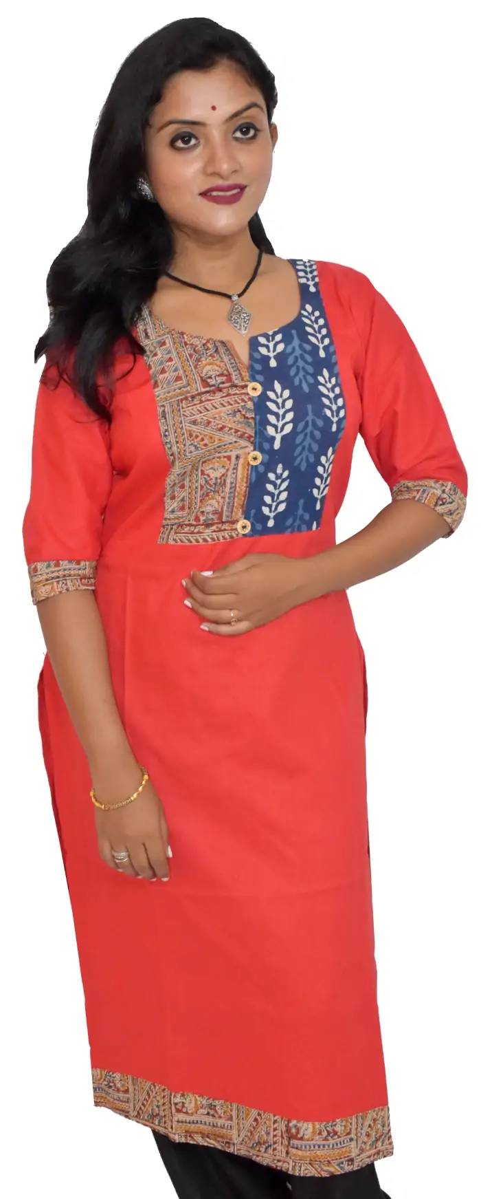 Pure Cotton Red Applique A-Line Kurti