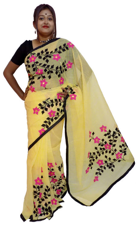 Applique Embroidered Lemon Yellow Resham Kota Saree
