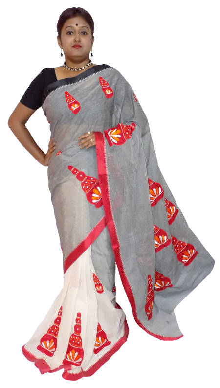 Applique Embroidered Half Half Grey White Pure Tant Cotton Saree
