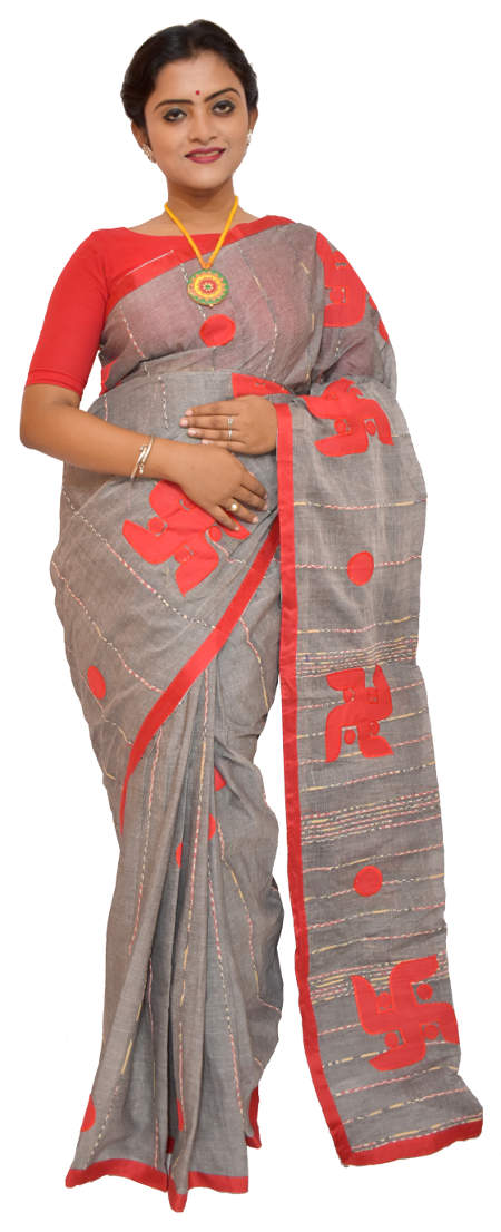 Applique Embroidered Beige Khesh Cotton Saree