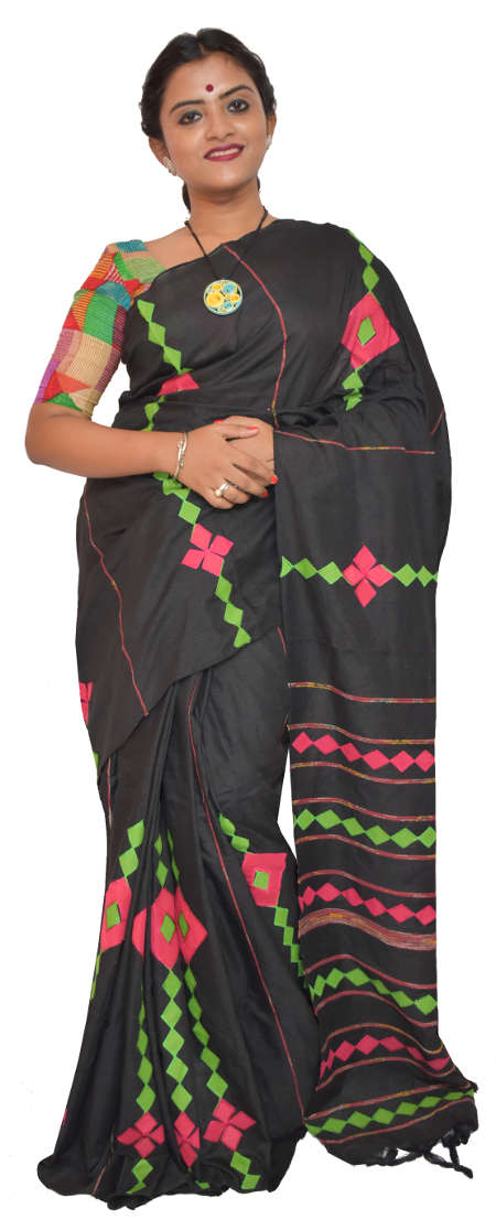 Applique Embroidered Black Khesh Cotton Saree