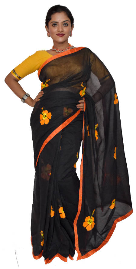 Embroidered Black Tant Cotton Saree