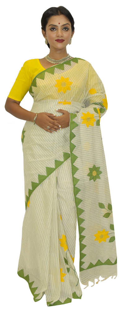 Applique Embroidered White Green Pure Tant Cotton Saree