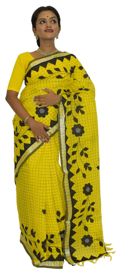 Applique Embroidered Yellow Pure Tant Cotton Saree