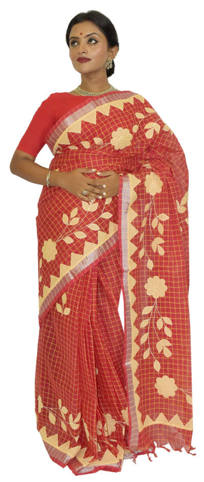 Applique Embroidered Red Pure Tant Cotton Saree
