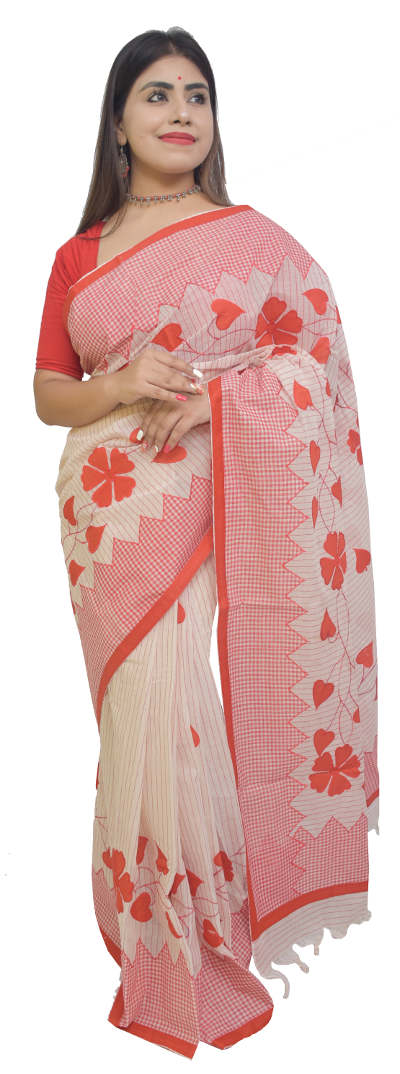 Applique Embroidered Red White Pure Tant Cotton Saree