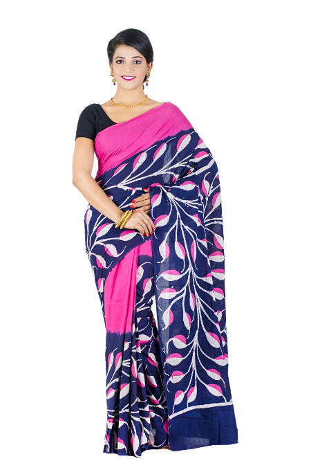 Hand Batik Pure Cotton Navy Pink Saree