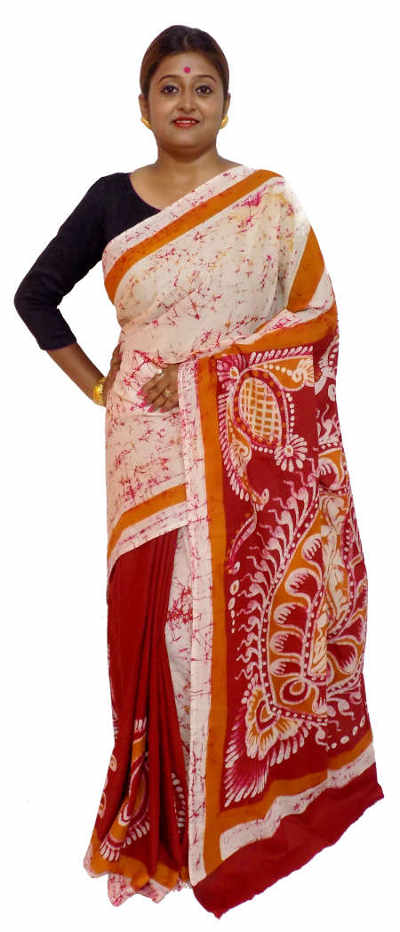 Hand Batik Pure Red White Cotton Saree