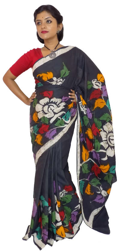 Hand Batik Pure Black Floral Cotton Saree
