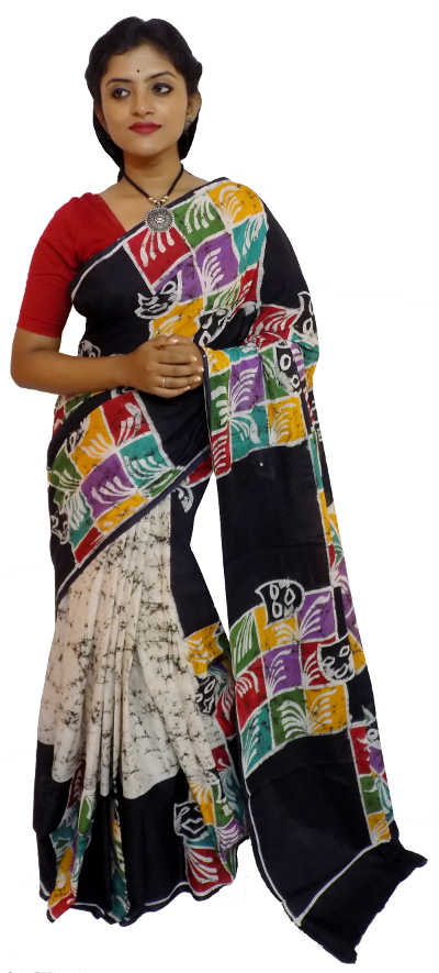 Hand Batik Pure Black Graphic Cotton Saree