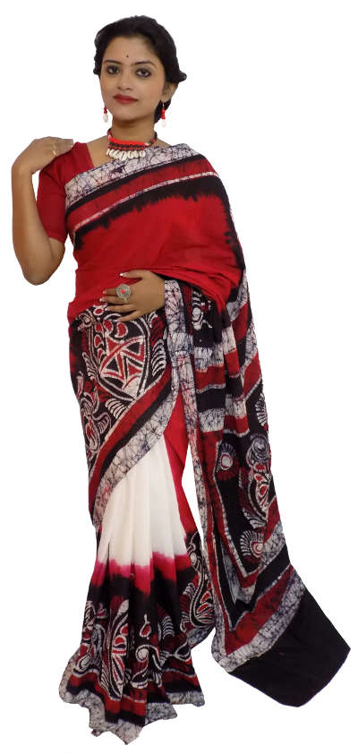 Hand Batik Pure Red Black White Cotton Saree