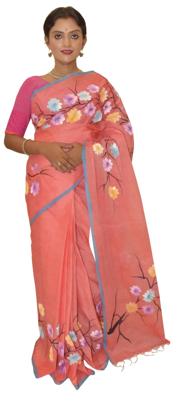 Hand Painted Dhaniakhali Rust Pure Tant Cotton Saree