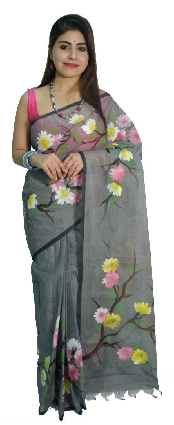 Hand Painted Dhaniakhali Pure Tant Cotton Grey Saree