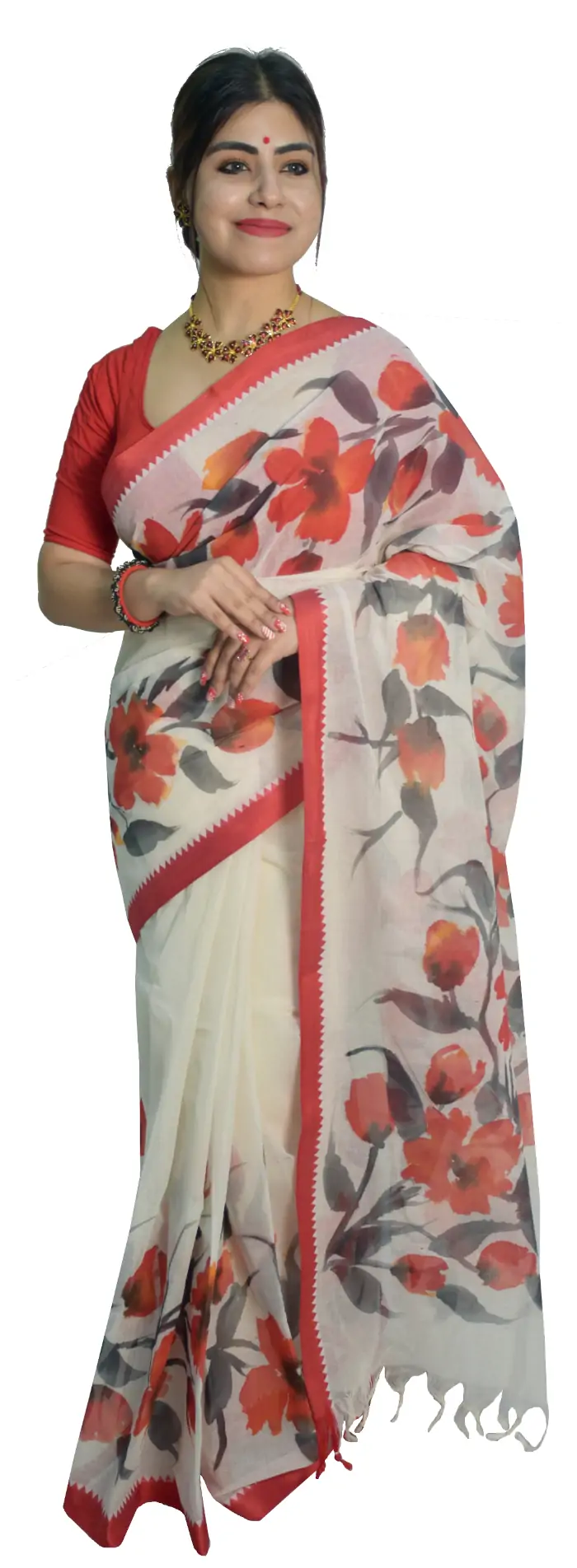 Hand Painted Dhaniakhali Pure Tant Cotton White Saree
