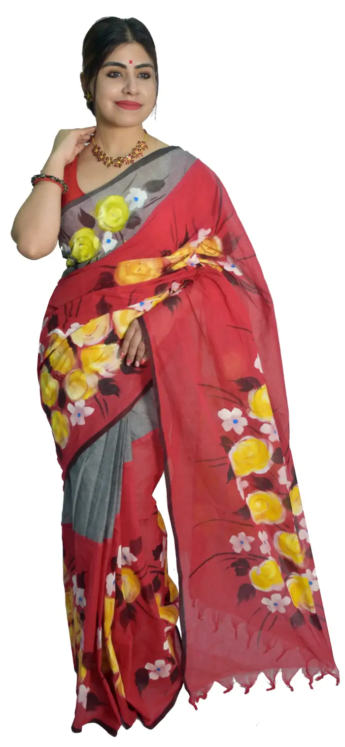Hand Painted Dhaniakhali Pure Tant Red Grey Saree