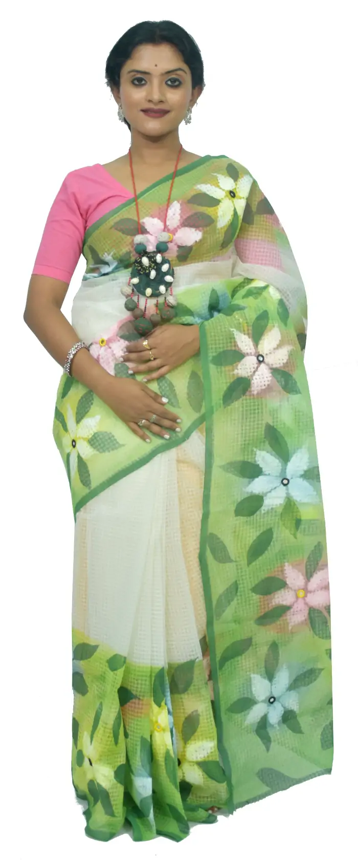 Hand Painted Resham Kota Green White Saree