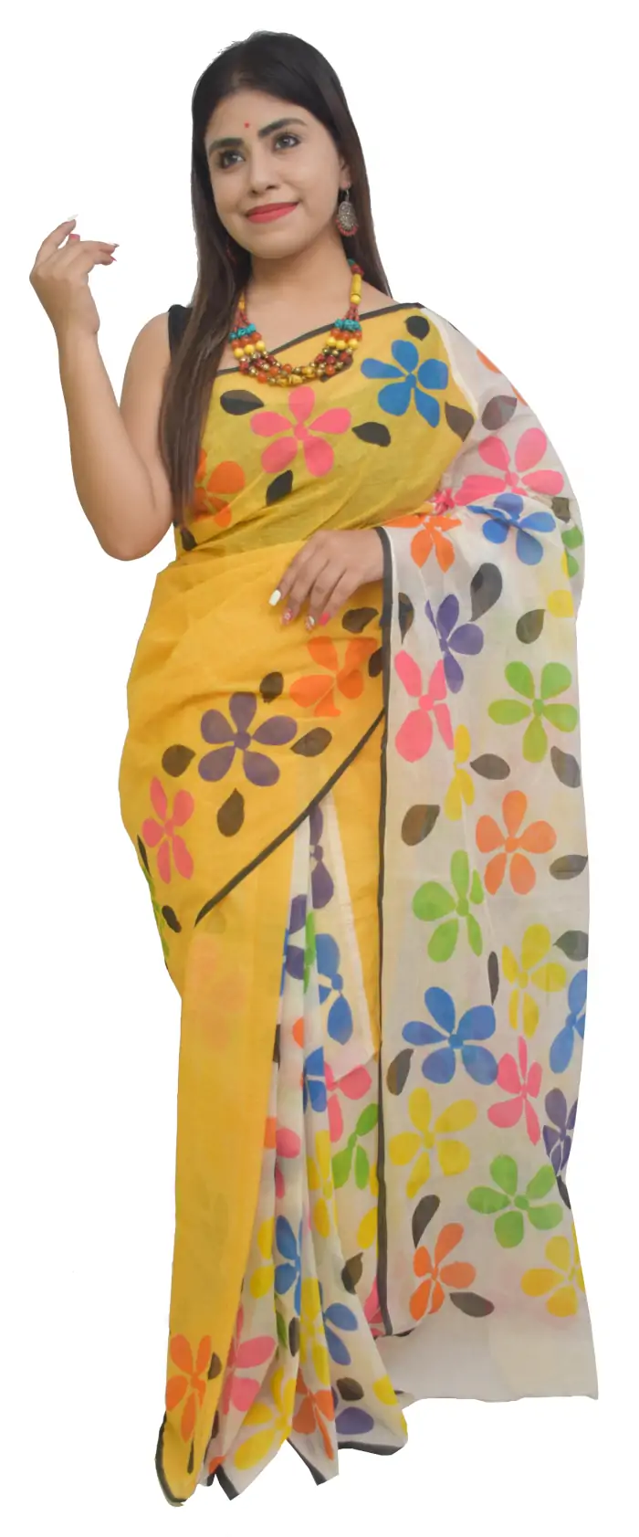 Hand Painted Dhaniakhali Pure Tant Yellow White Saree