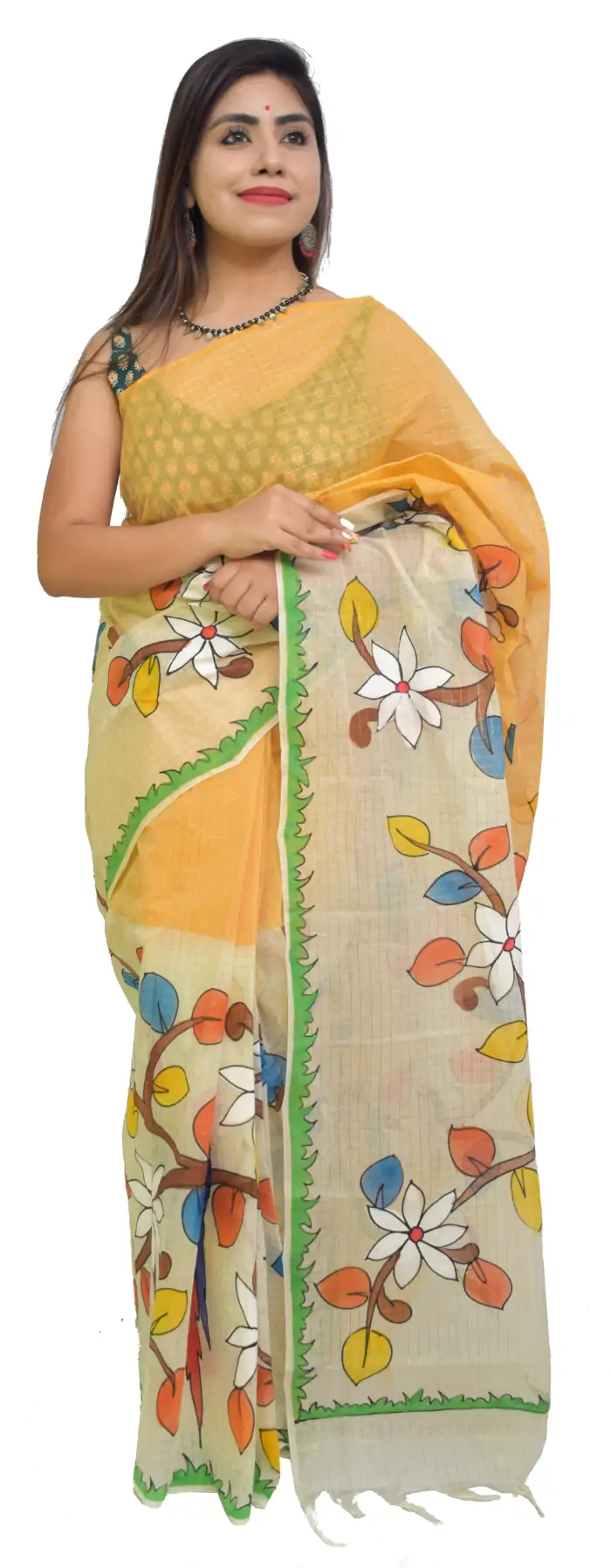 Hand Painted Pure Tant Cotton Yellow Saree