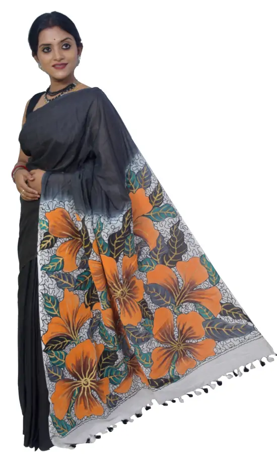 Hand Painted Bhagalpuri Linen Black Saree