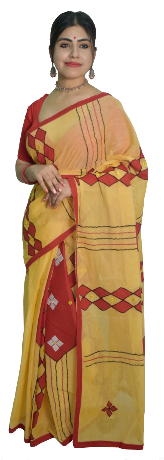 Applique Embroidered Mustard Yellow Pure Tant Saree