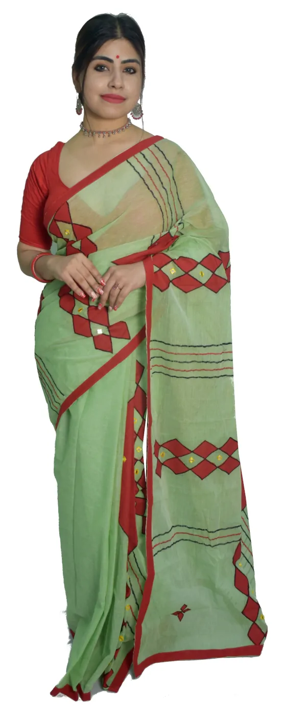 Applique Embroidered Green Pure Tant Saree