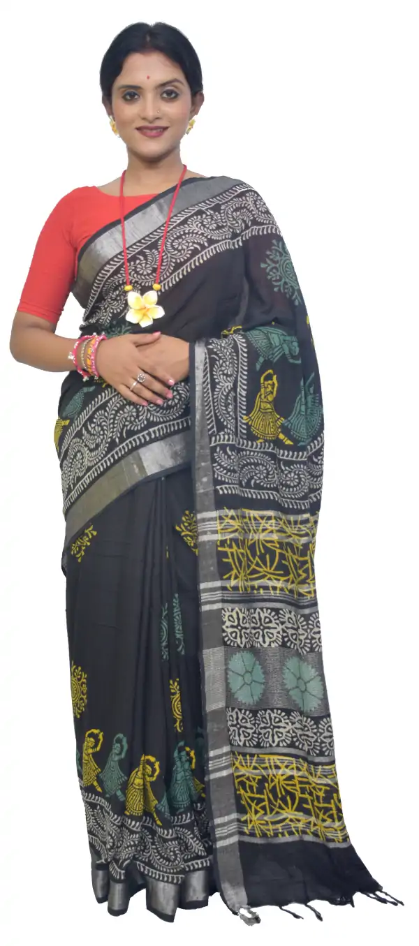 Hand Block Print Bhagalpuri Black Linen Saree