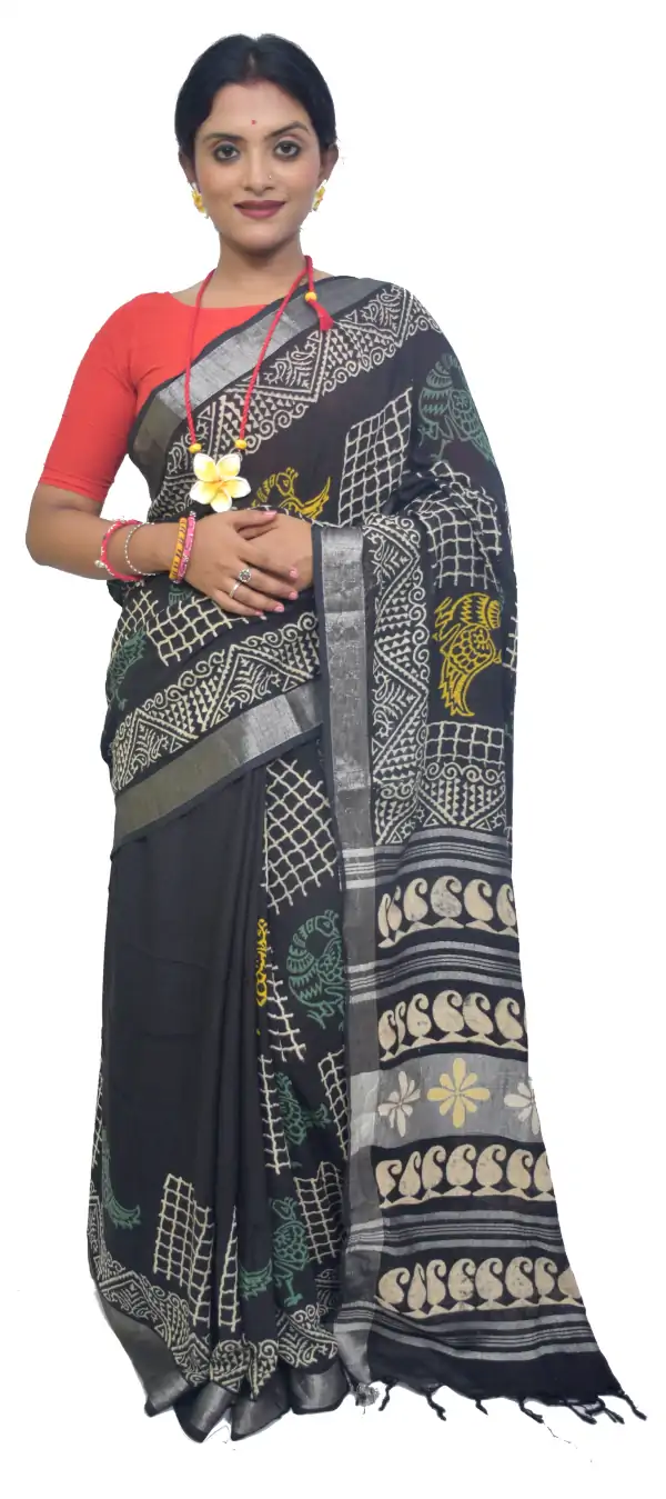 Hand Block Print Bhagalpuri Linen Black Saree