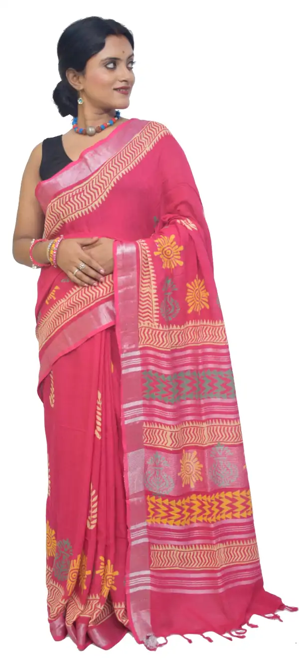 Hand Block Print Bhagalpuri Linen Pink Saree