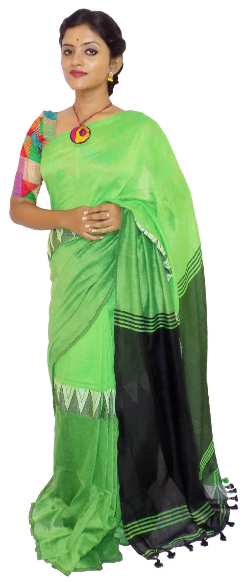 Handloom Green Black Cotton Saree(HL-0057)