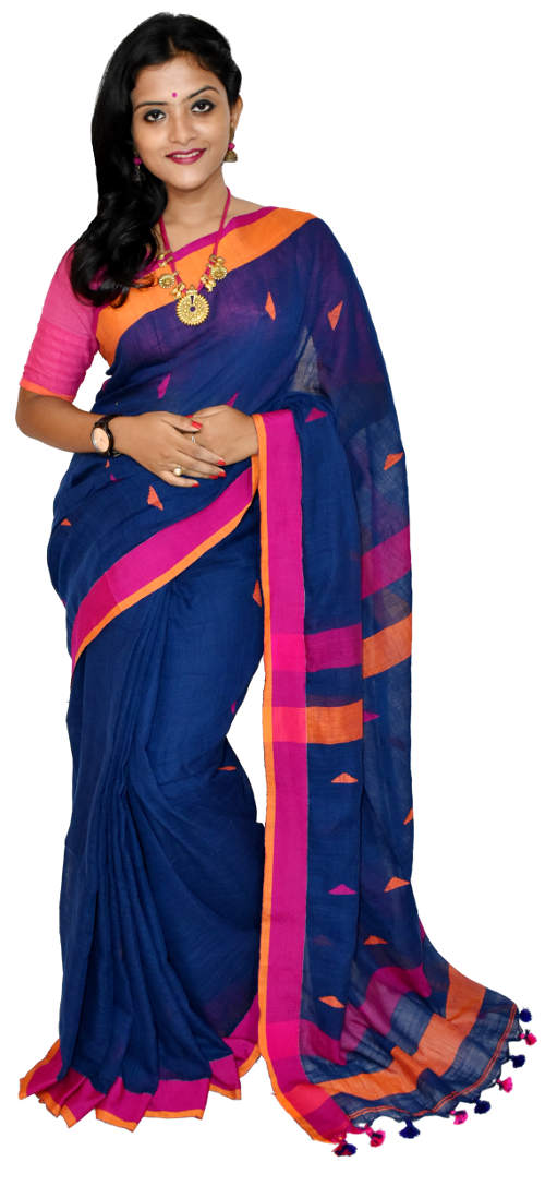 Handloom Navy Blue Linen Saree(HL-0092)