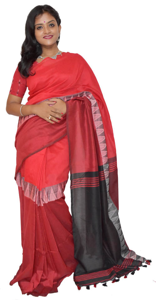Handloom Red Cotton Blend Saree(HL-00101)