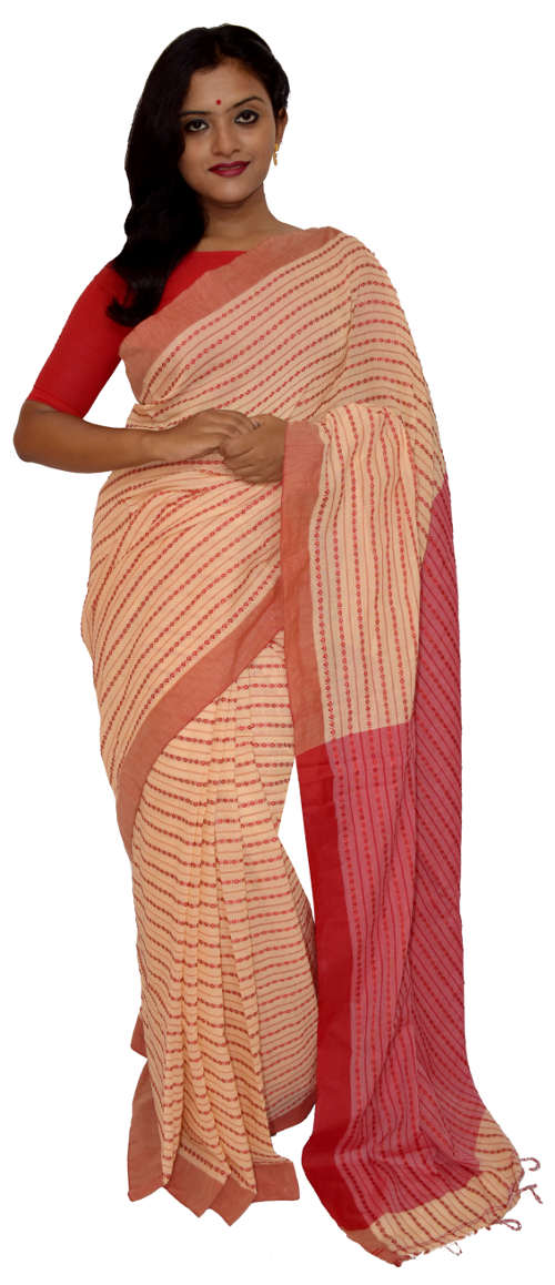 Handloom Beige Red Cotton Saree(HL-00103)