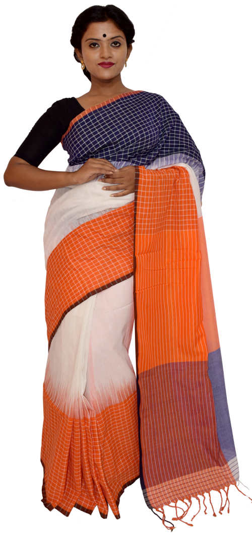 Handloom White Orange Cotton Checkered Saree(HL-00112)