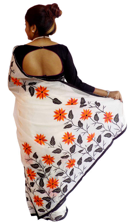 Applique Embroidered White Resham Kota Saree