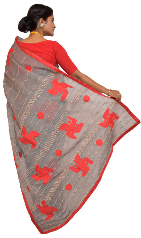 Applique Embroidered Beige Khesh Cotton Saree