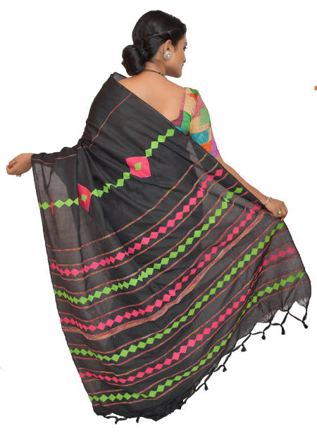 Applique Embroidered Black Khesh Cotton Saree