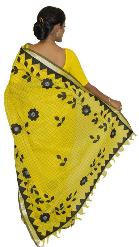 Applique Embroidered Yellow Pure Tant Cotton Saree