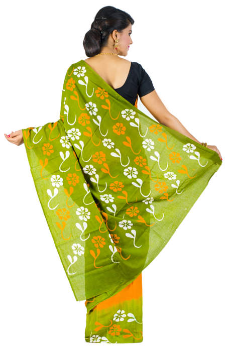 Hand Batik Pure Cotton Green Yellow Saree