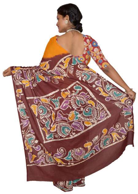 Hand Batik Pure Cotton Brown Yellow Saree