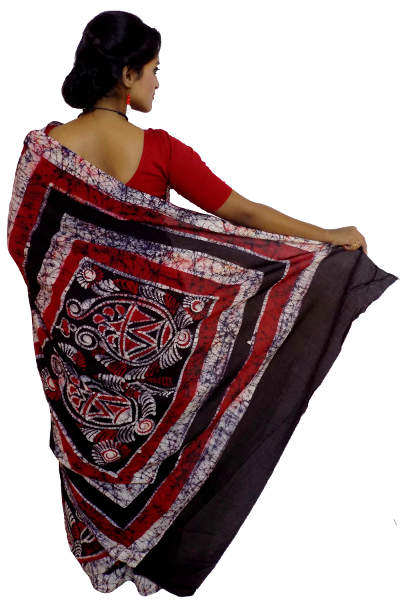 Hand Batik Pure Red Black White Cotton Saree