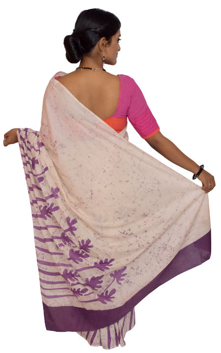 Hand Batik Pure Cotton Beige Purple Saree