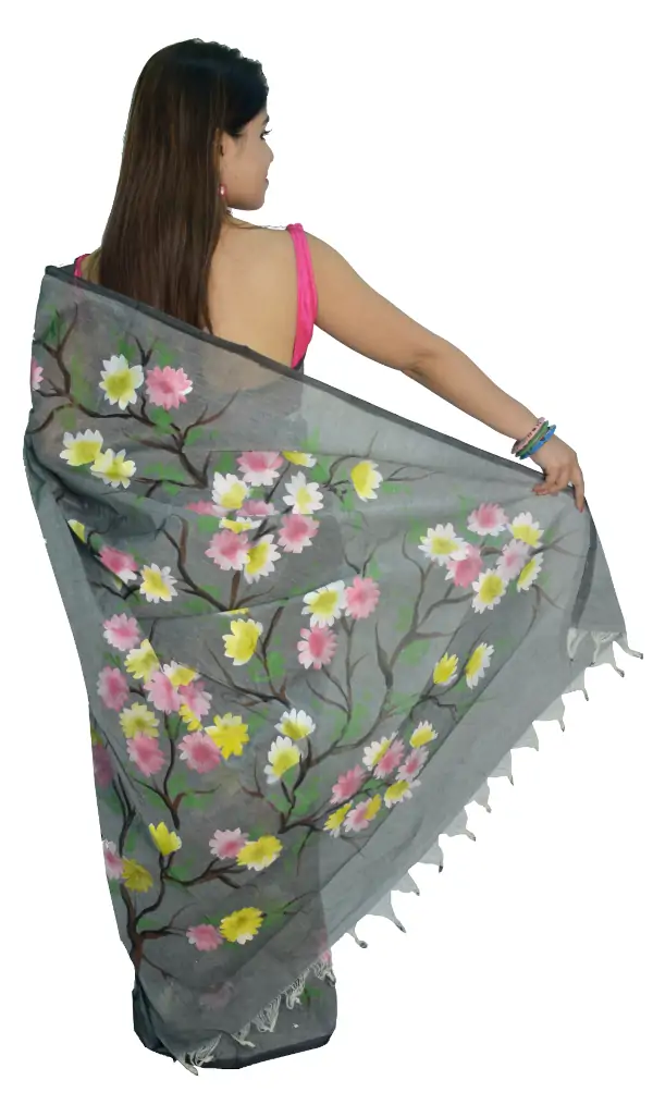 Hand Painted Dhaniakhali Pure Tant Cotton Grey Saree