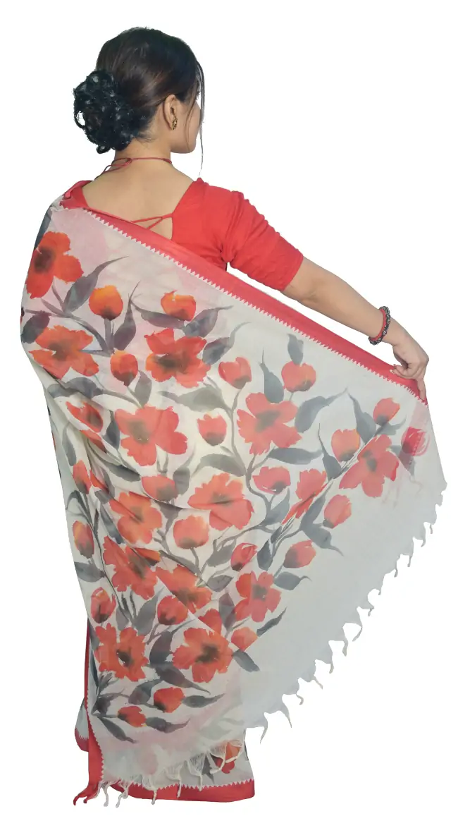 Hand Painted Dhaniakhali Pure Tant Cotton White Saree