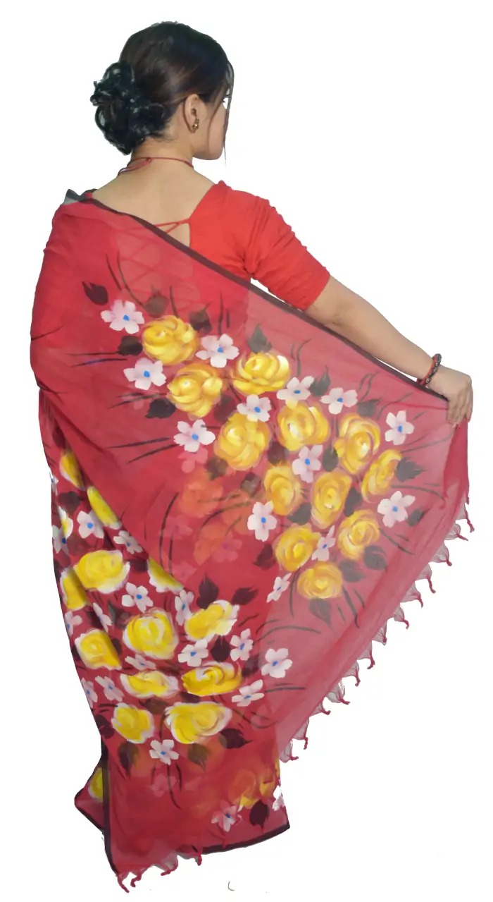 Hand Painted Dhaniakhali Pure Tant Red Grey Saree