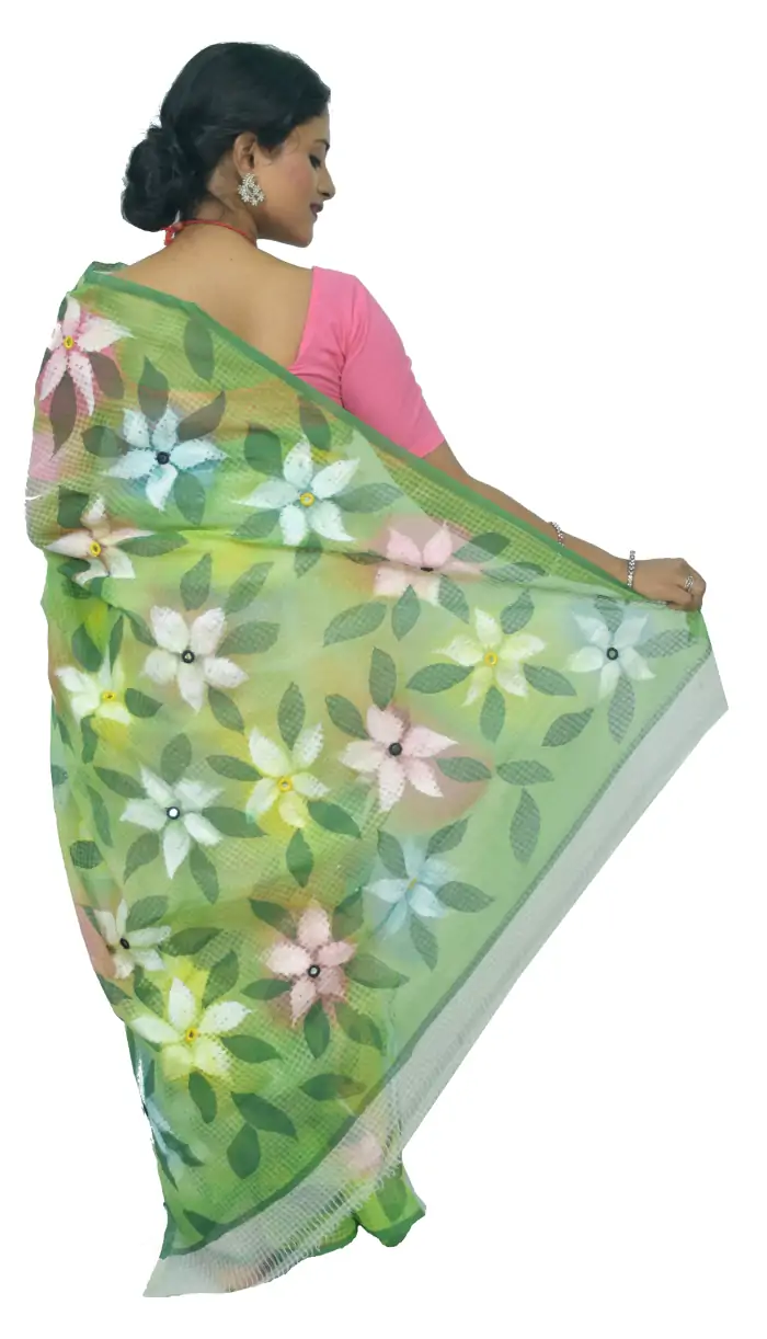 Hand Painted Resham Kota Green White Saree