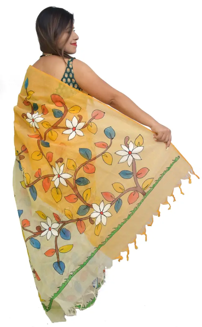 Hand Painted Pure Tant Cotton Yellow Saree