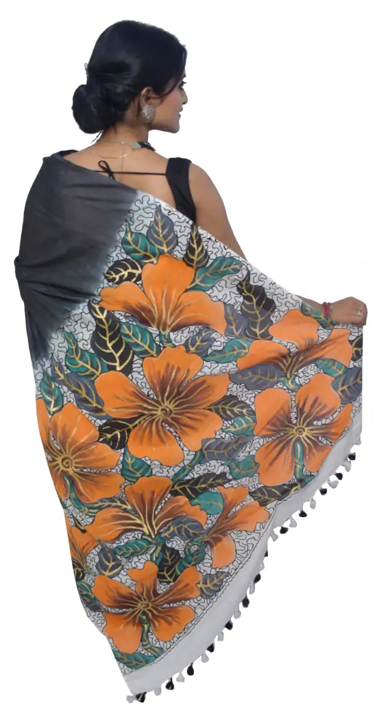 Hand Painted Bhagalpuri Linen Black Saree