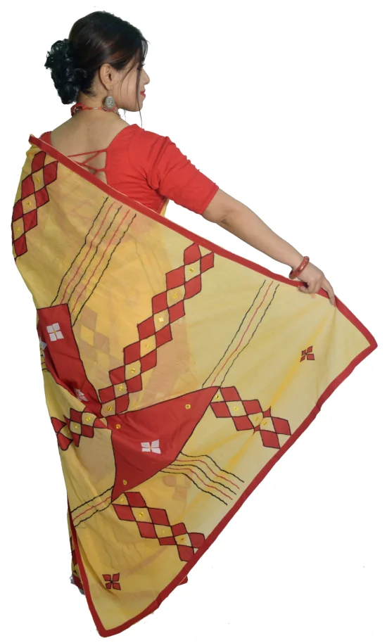 Applique Embroidered Mustard Yellow Pure Tant Saree