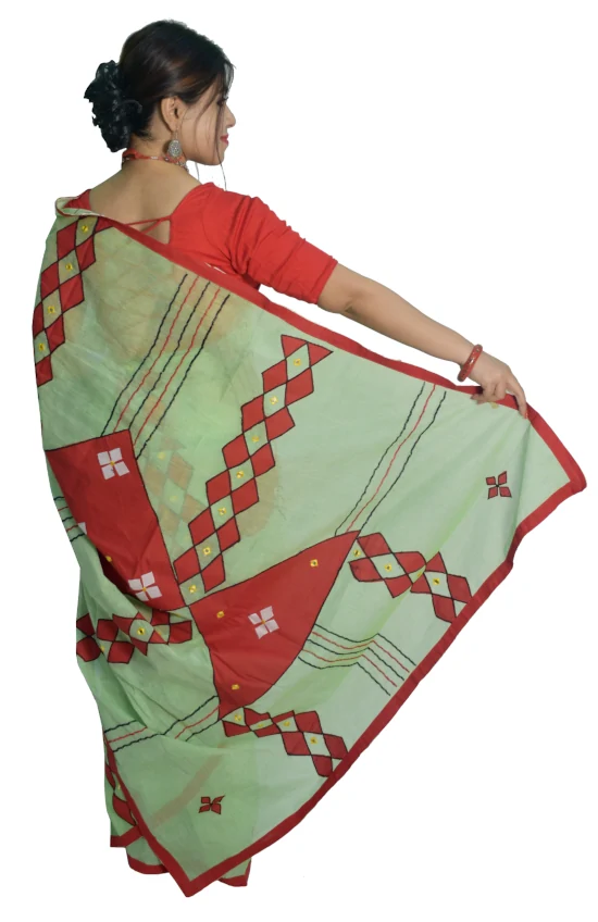 Applique Embroidered Green Pure Tant Saree