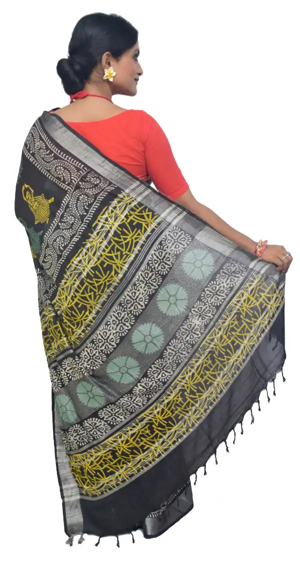 Hand Block Print Bhagalpuri Black Linen Saree